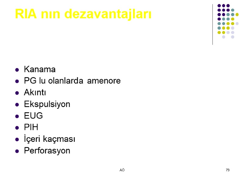 AÖ 79 RIA nın dezavantajları Kanama PG lu olanlarda amenore Akıntı Ekspulsiyon EUG PIH